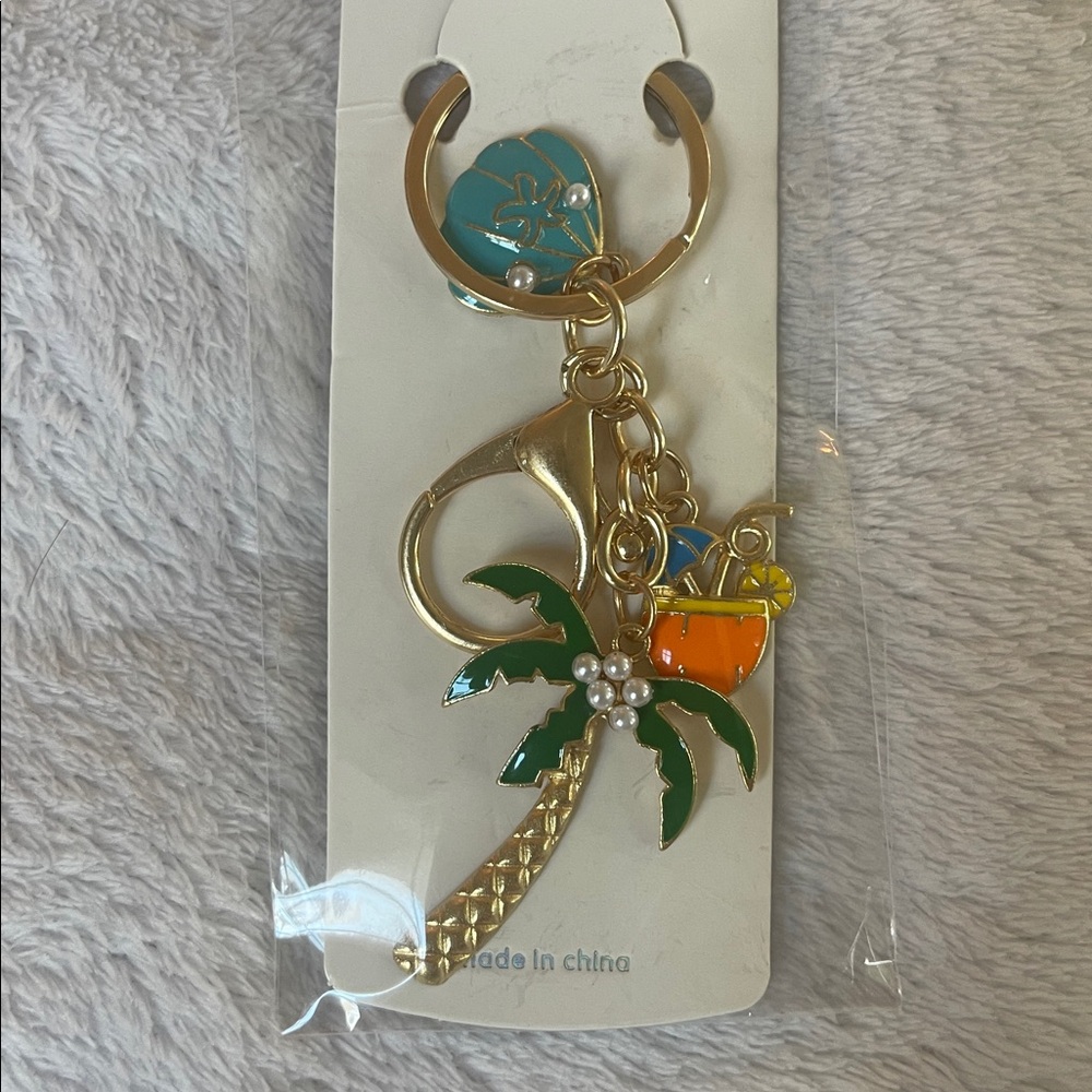 Palm Tree Keychain purse bag charm gold tone with charms nwt
